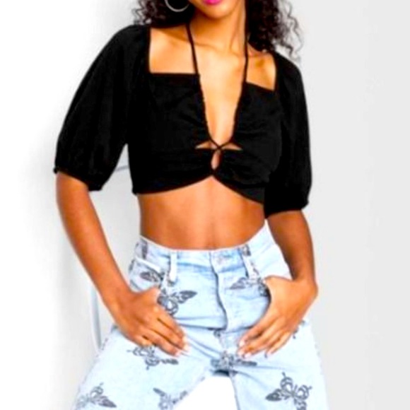 wild fable Tops - Ladies puffy sleeve cut out peekaboo lace up crop top blouse halter club night